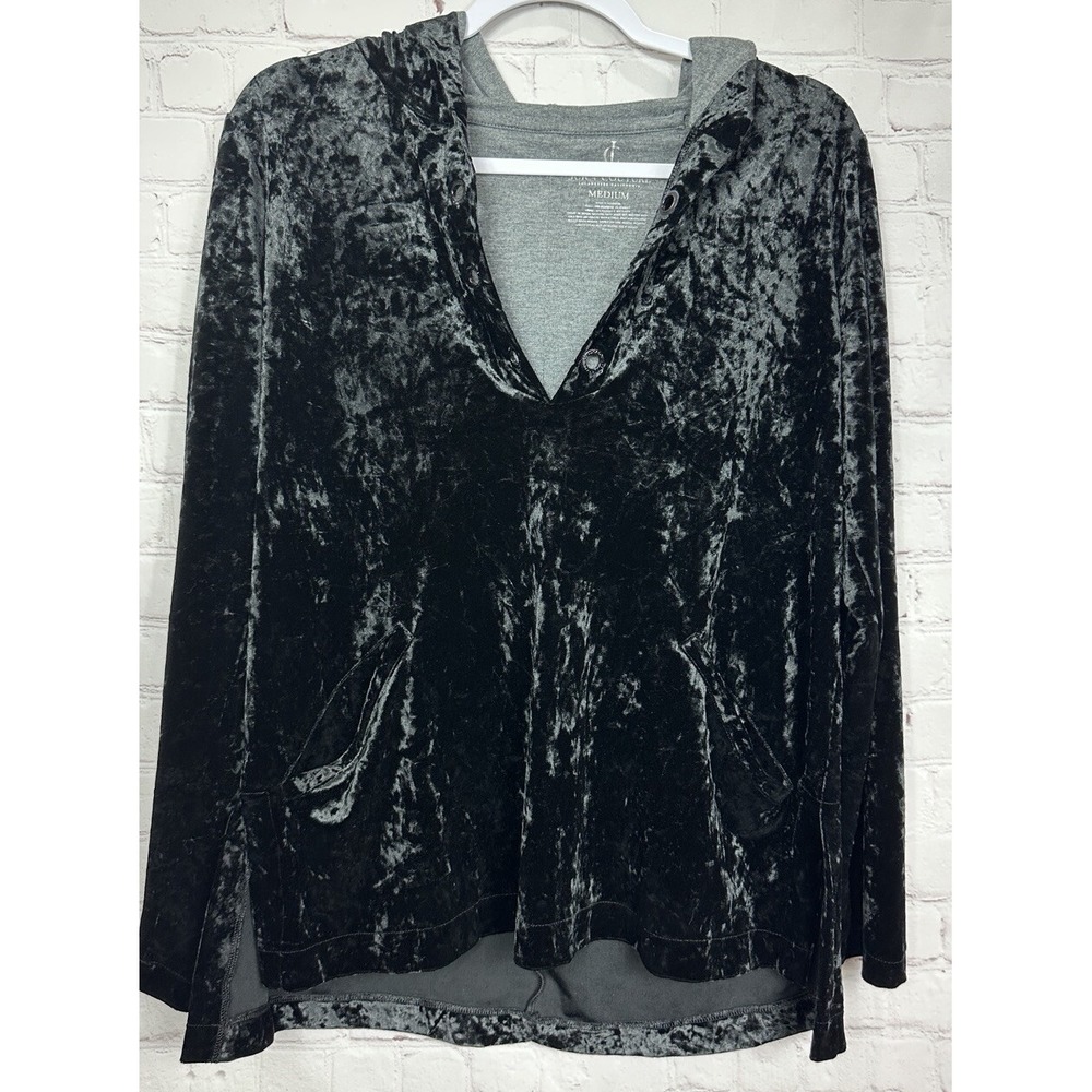 Juicy Couture long sleeved V neck velvet black pullover hooded‎ tunic sz M EUC